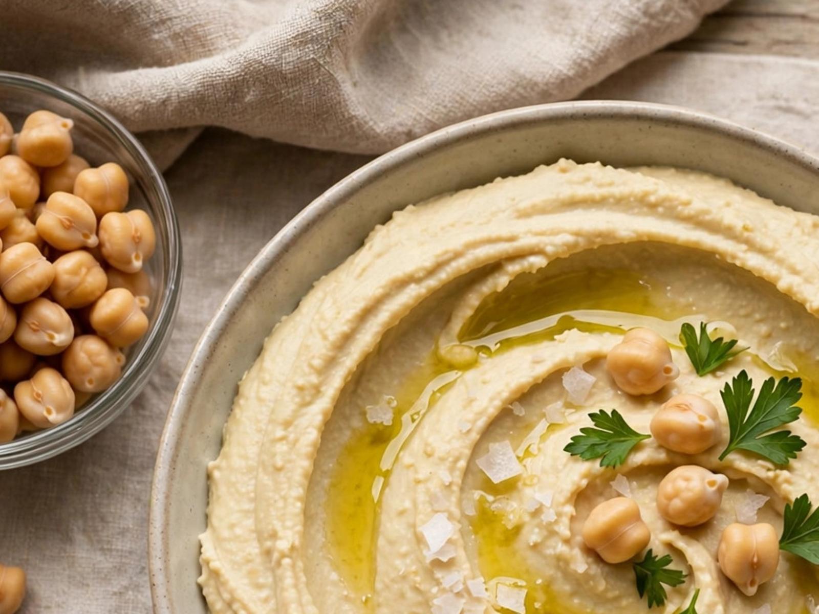 Creamy homemade hummus swirled in a bowl with chickpeas and parsley