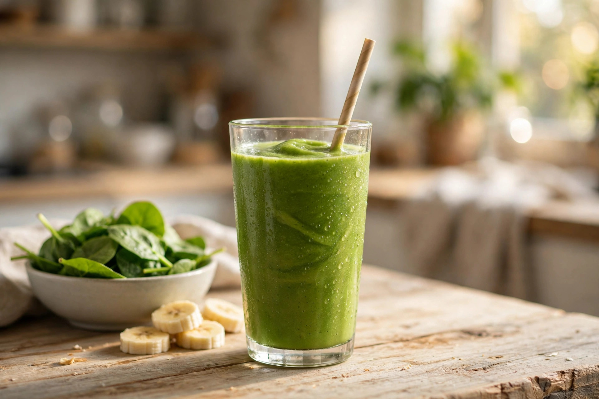 A bright green smoothie with spinach and banana nearby