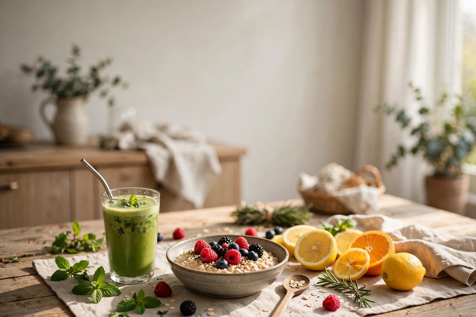 A sunlit healthy breakfast spread with smoothie, oats, berries, citrus, and herbs