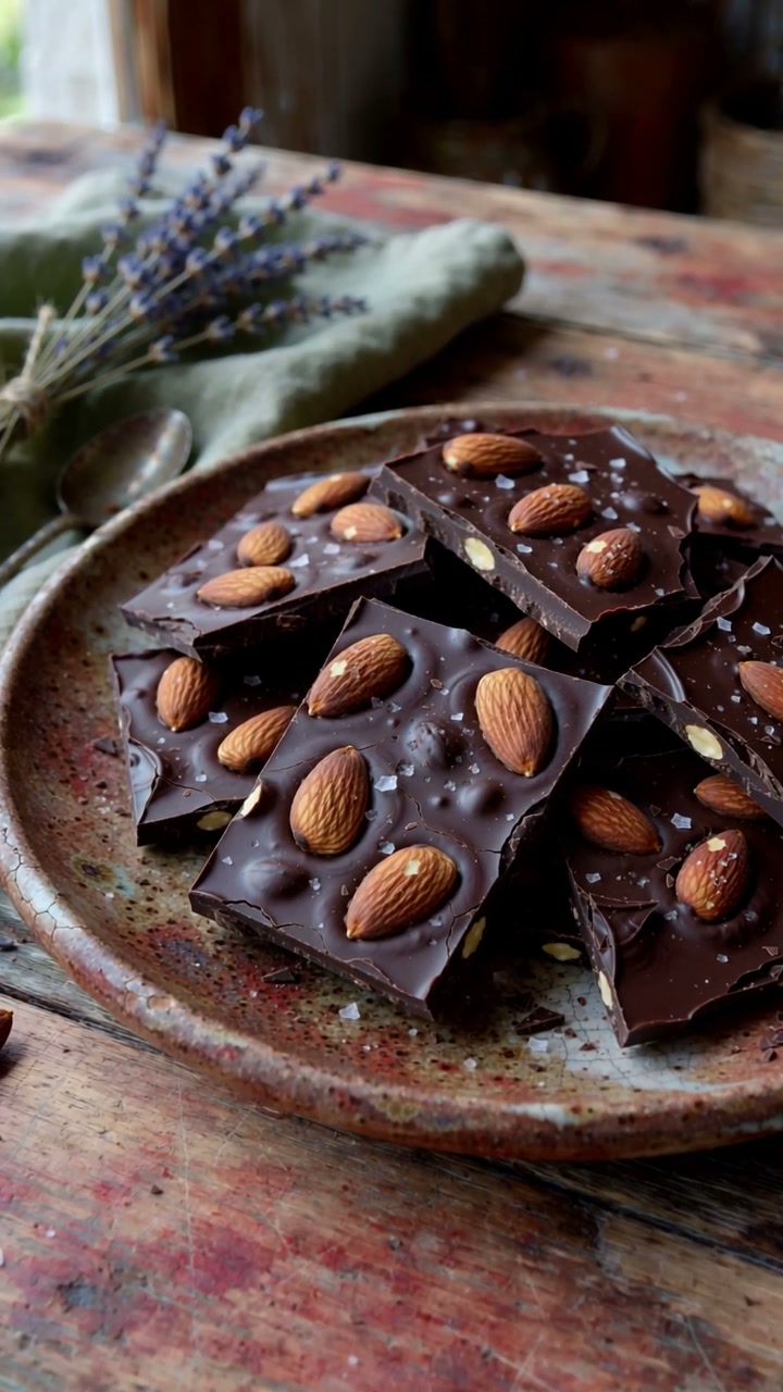 Dark chocolate almond bark topped with whole almonds and flaky sea salt
