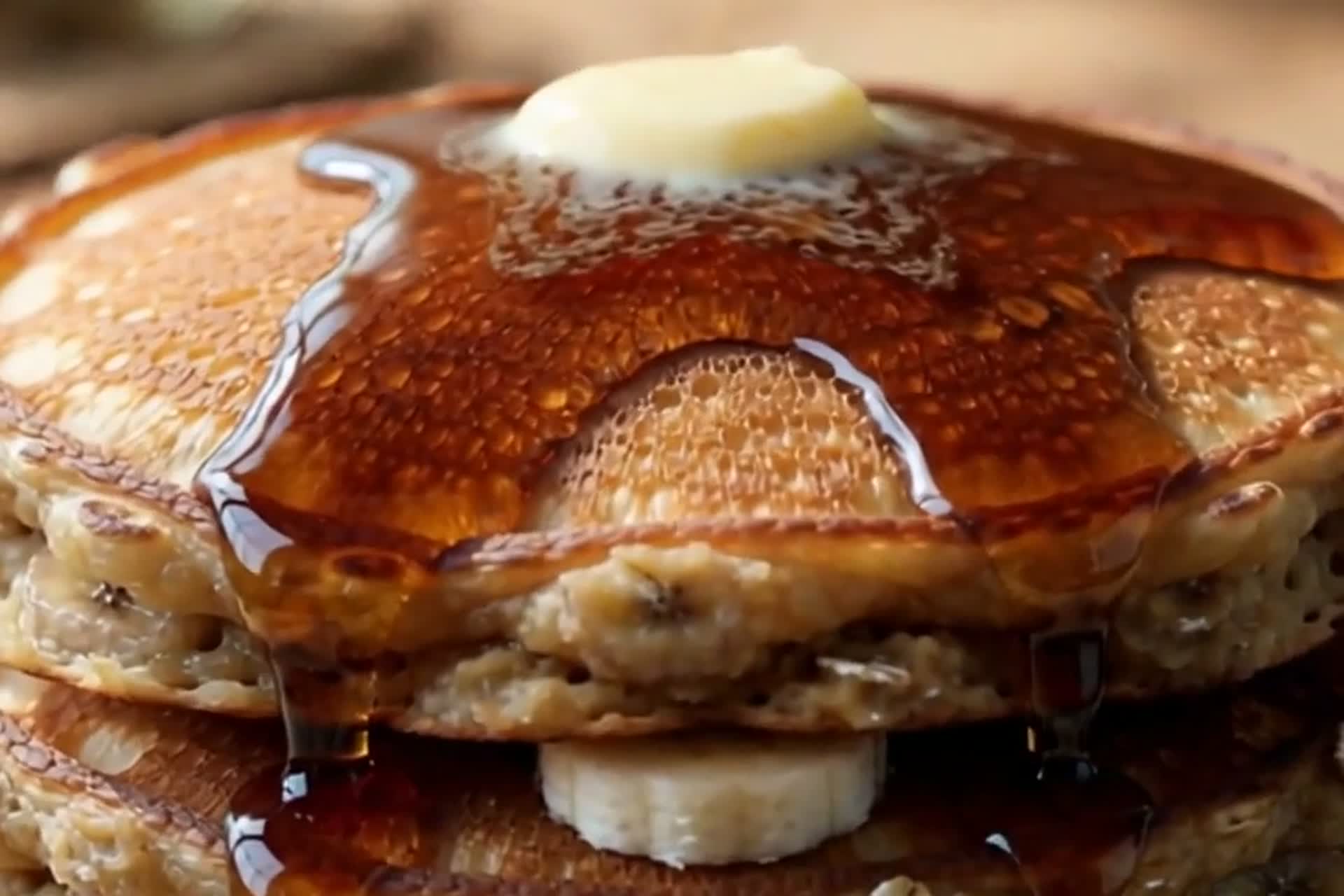 A stack of banana oat pancakes finished with maple syrup and butter