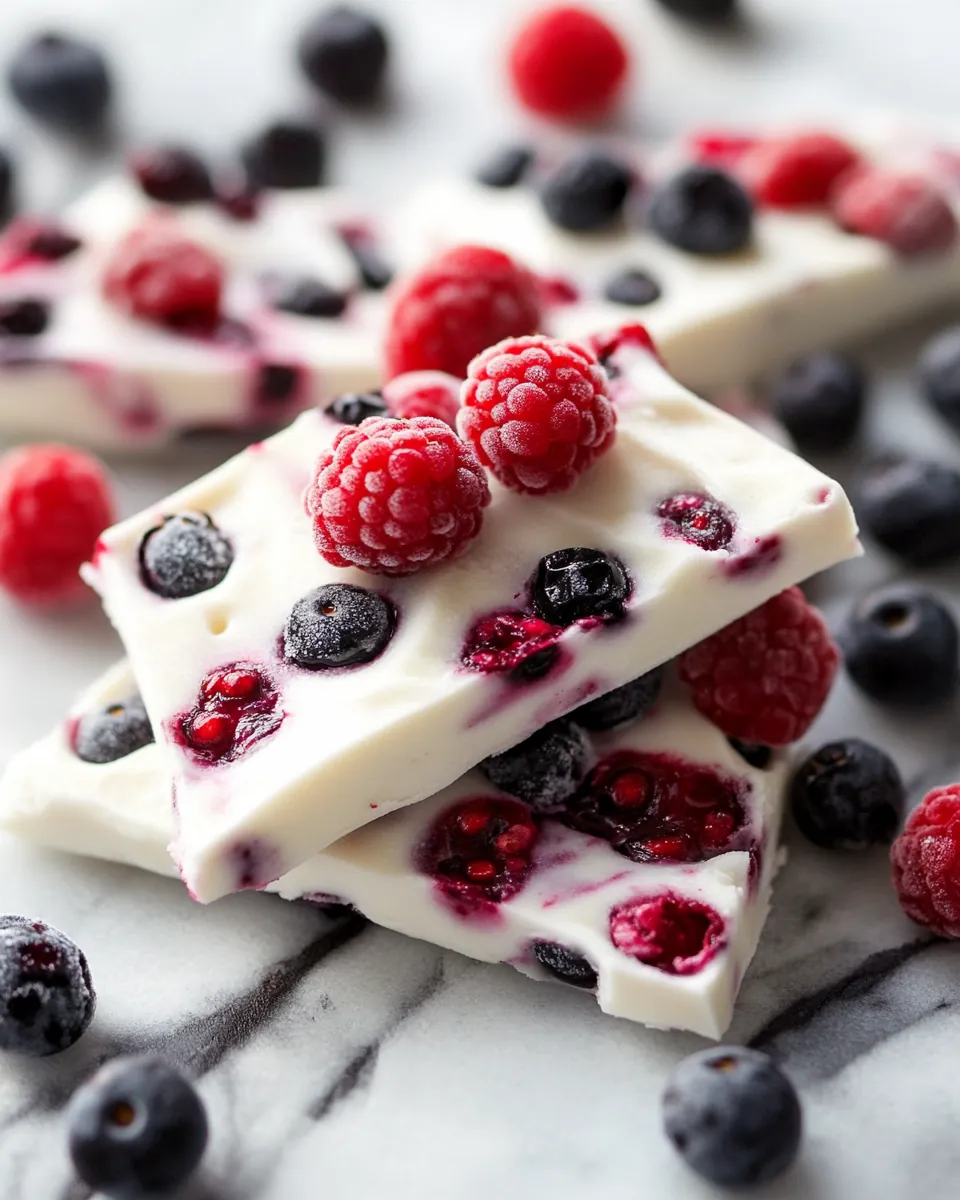 Pieces of frozen Greek yogurt bark topped with raspberries and blueberries